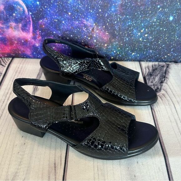 SAS Tripad Comfort Suntimer Sandals Black Patent Croc Slingback Strap Sz 9.5 - Picture 1 of 11